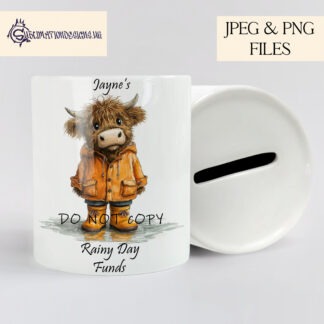 Highland cow in a puddle design with eight colour variations and optional rainy background displayed on mock ups