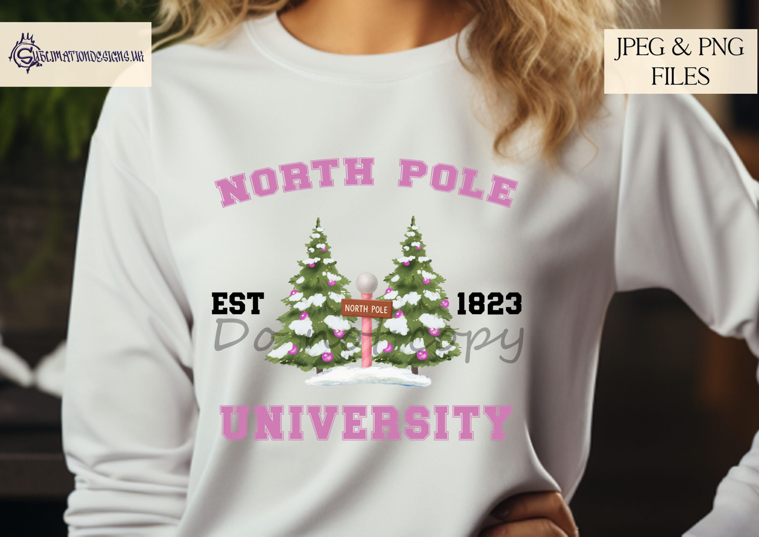 North Pole University Christmas designs shown in red, green and pink variations on product mock ups