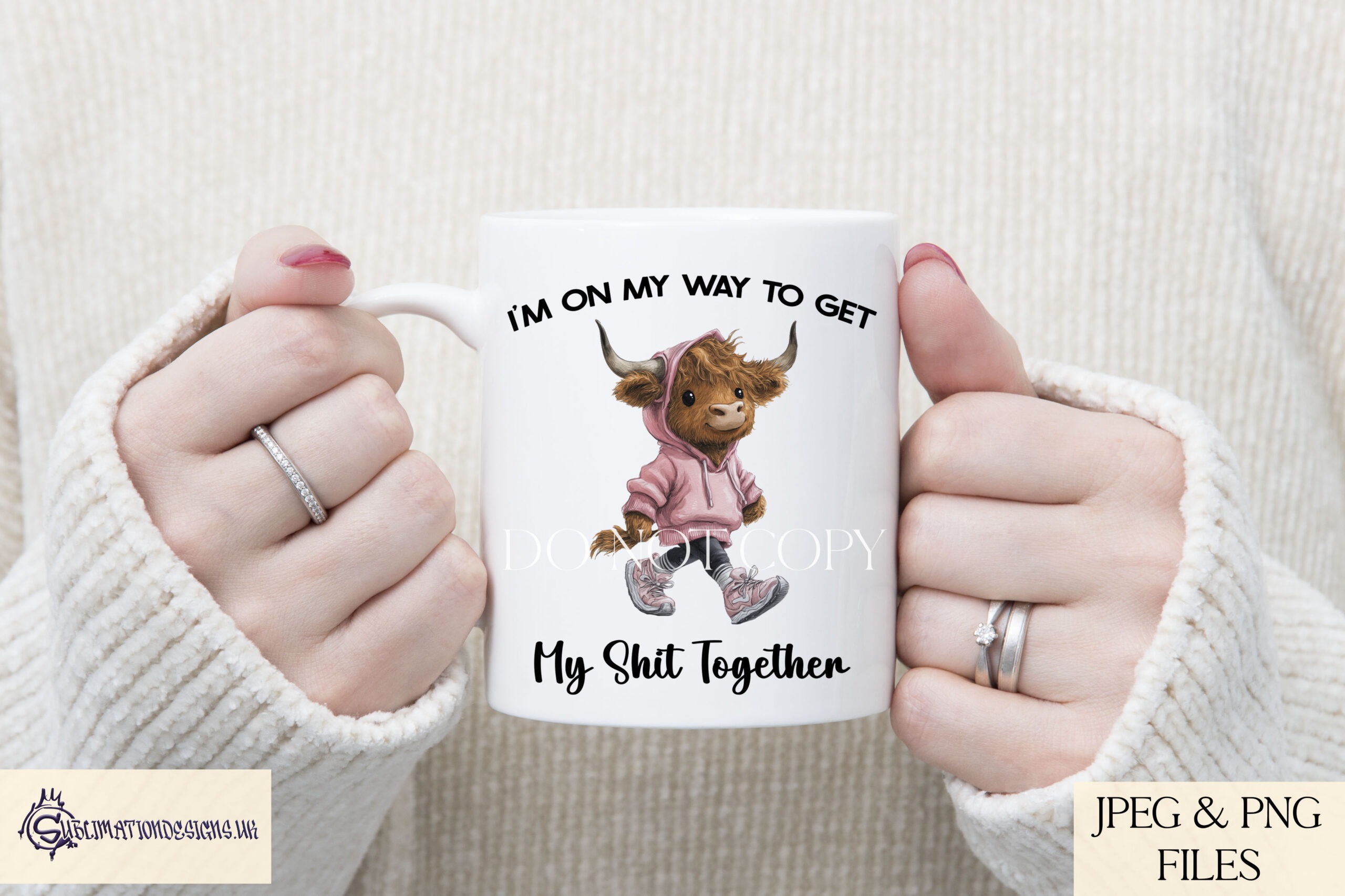 Humorous Highland cow designs in pink and orange hoodies shown on product mock ups