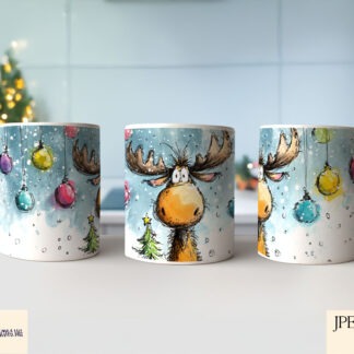 Christmas sketch mug wrap designs featuring winter animals displayed on product mock ups