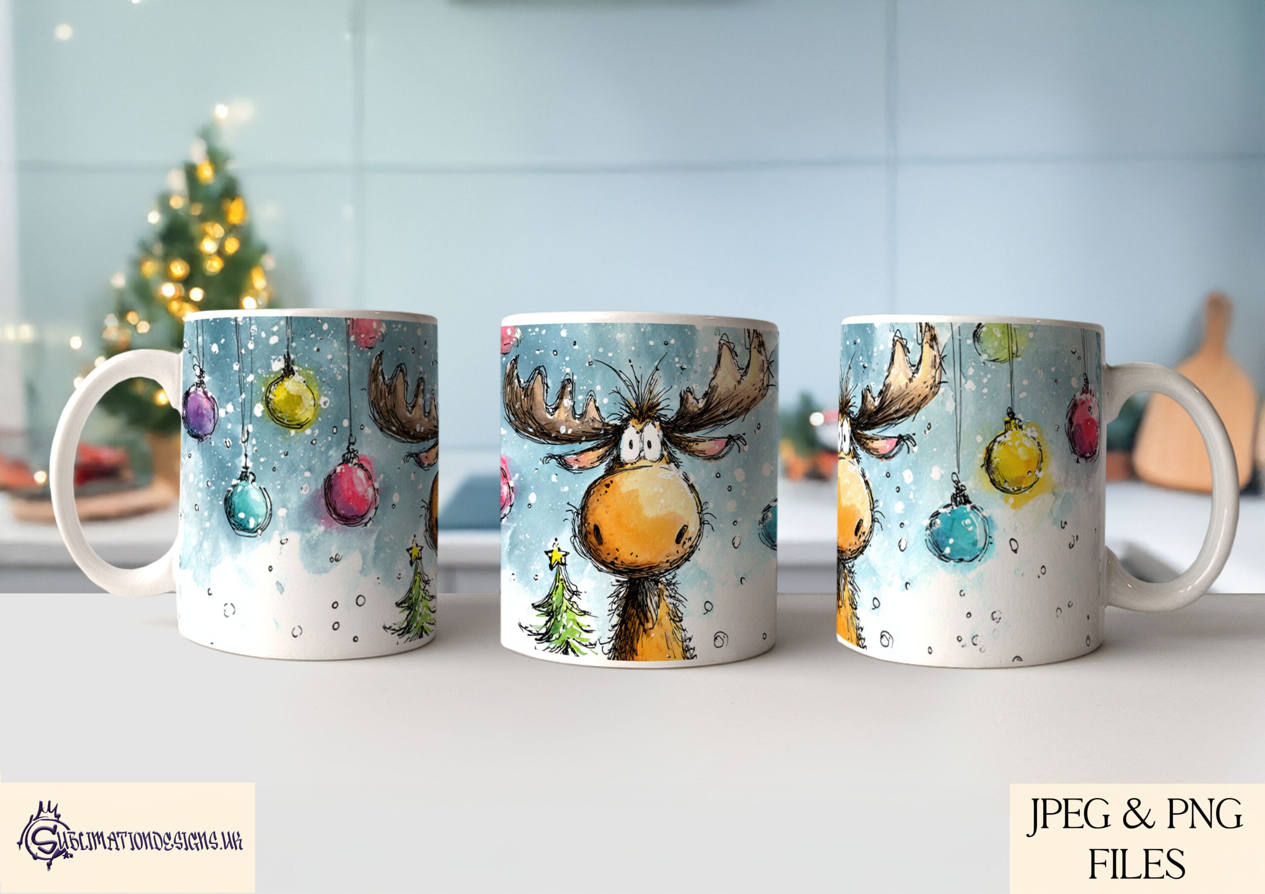 Christmas sketch mug wrap designs featuring winter animals displayed on product mock ups