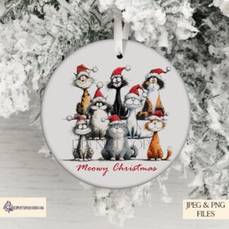 Christmas sketch cat designs including individual and group layouts shown on product mock ups