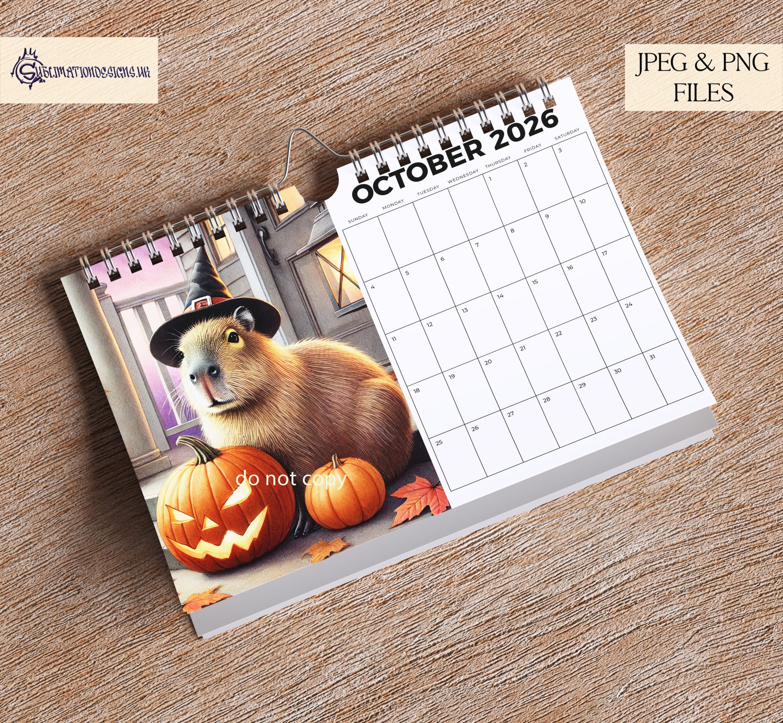 Twelve monthly Capybara designs shown on A4 layouts with seasonal backgrounds
