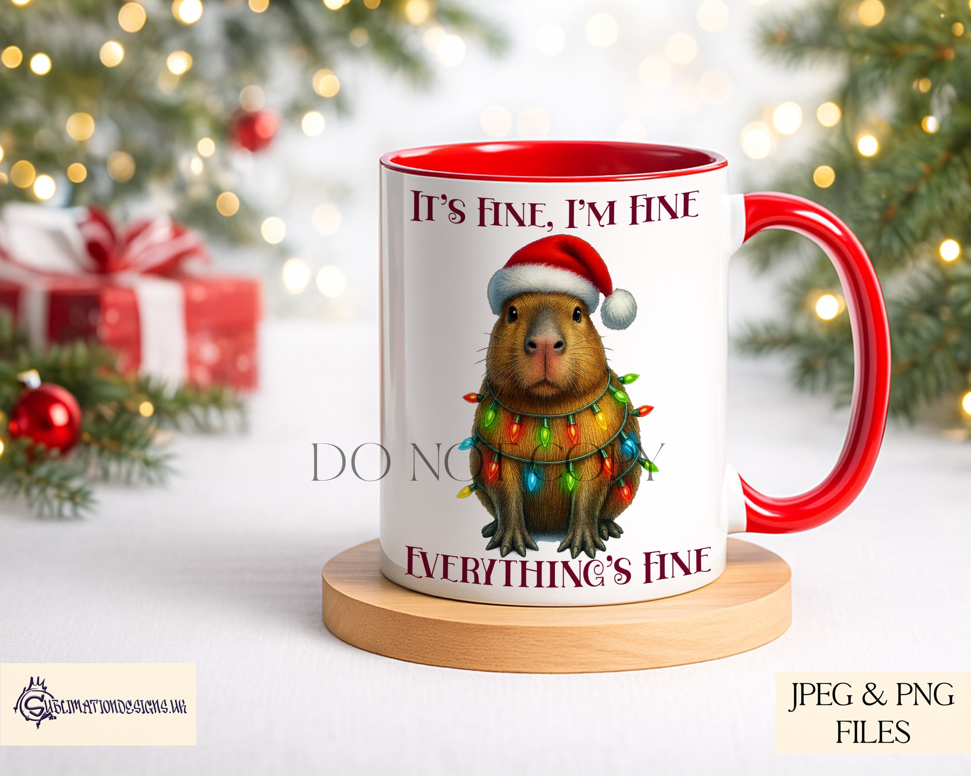 Capybara Christmas designs featuring wreath and tangled lights variations shown on product mock ups