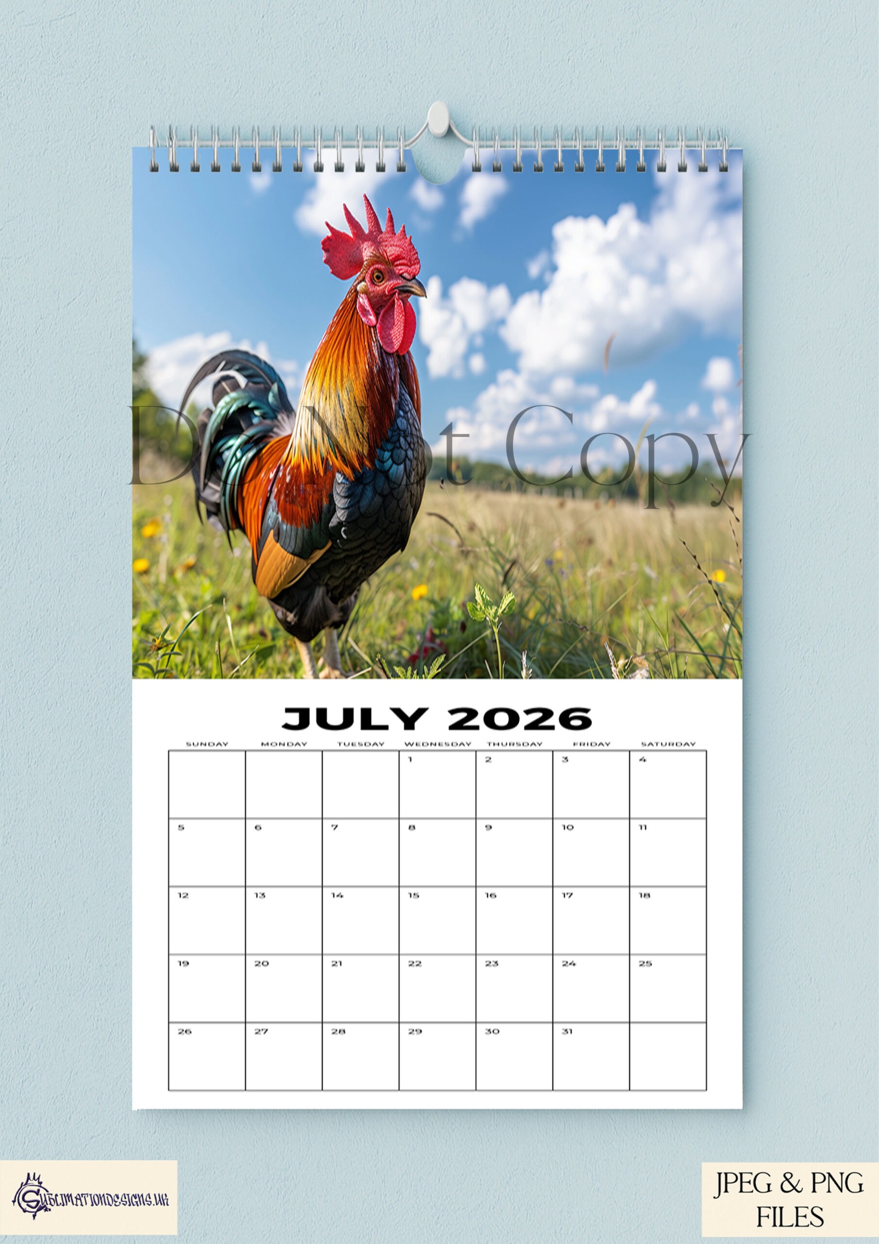 Twelve A4 cockerel themed monthly designs shown with example calendar cover layouts