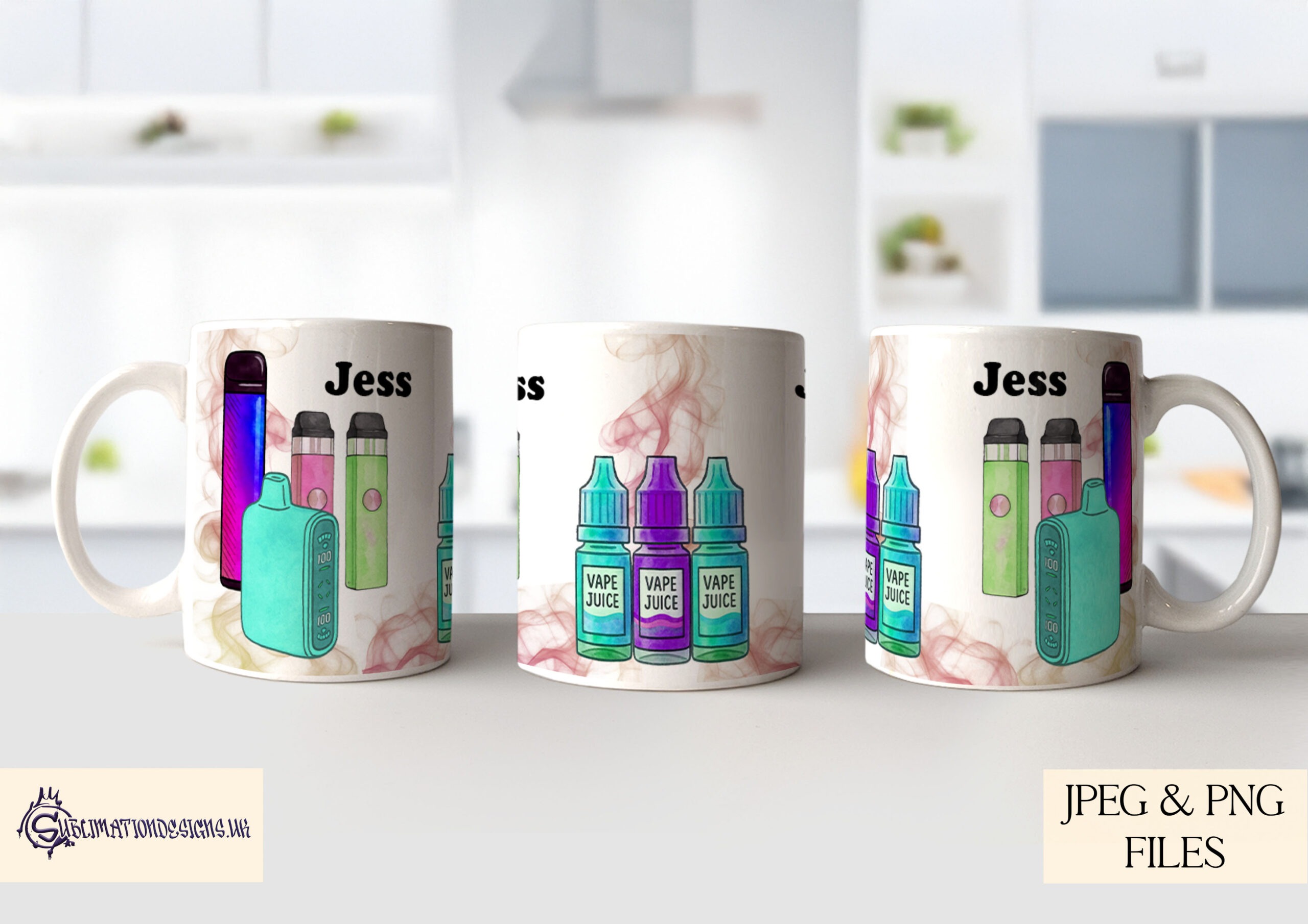 Vaping themed tin label designs and mug wraps displayed on clean product mock ups