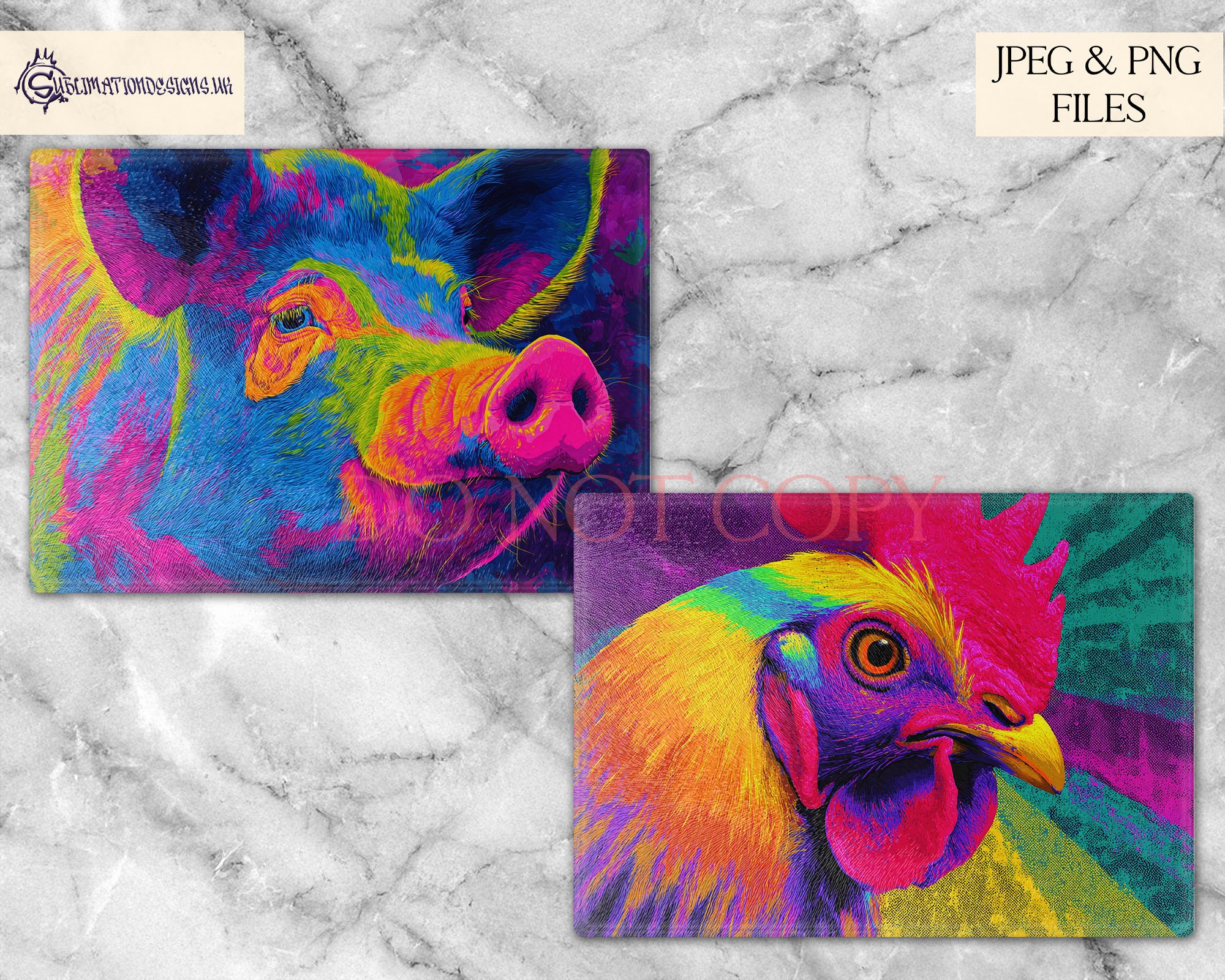 Vibrant abstract farm animal designs displayed on product mock ups