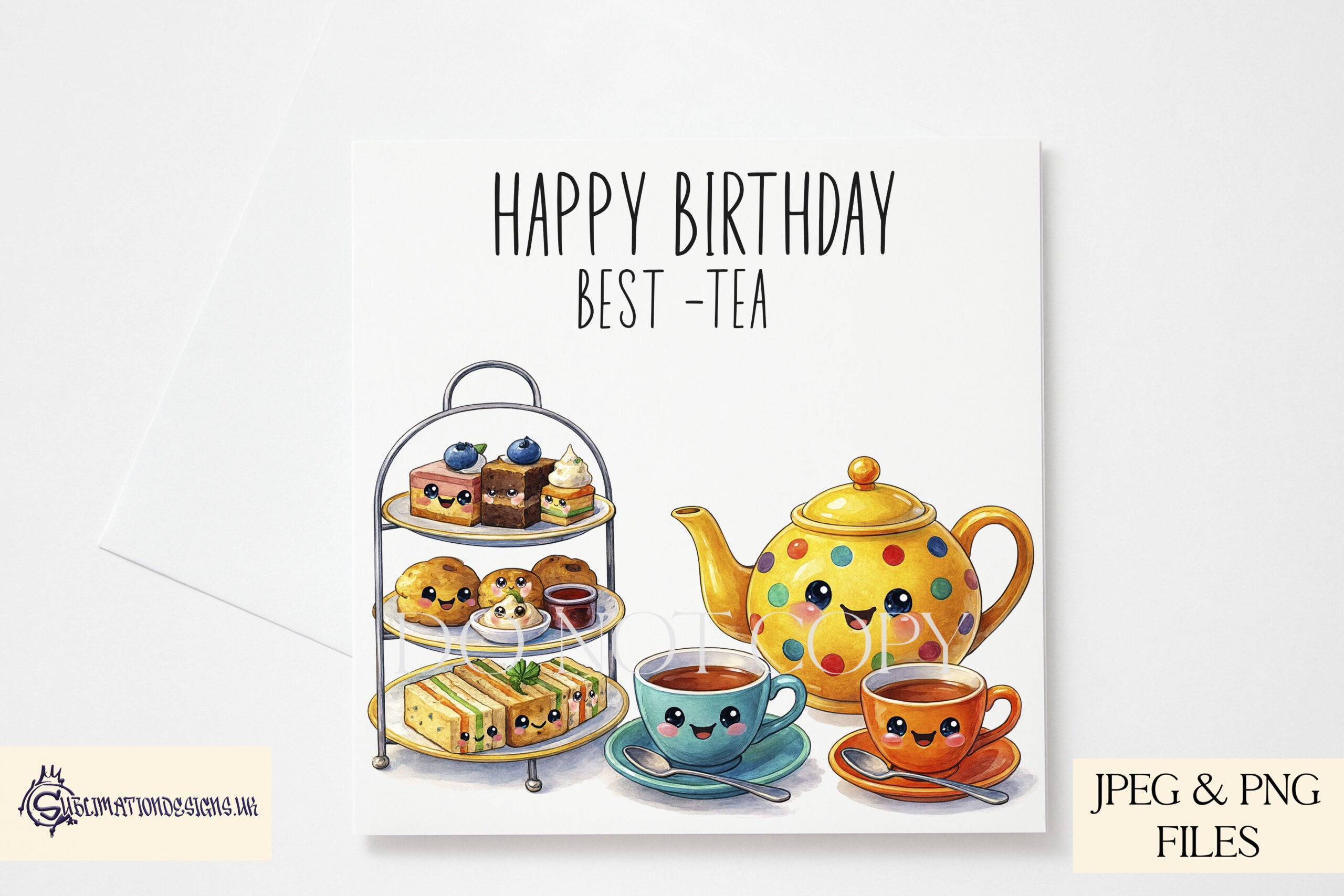 Jolly afternoon tea character designs in pastel, vibrant and background free formats displayed on mock ups