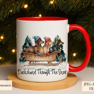 Dachshund sleigh Christmas designs shown in worded and textless versions on product mock ups