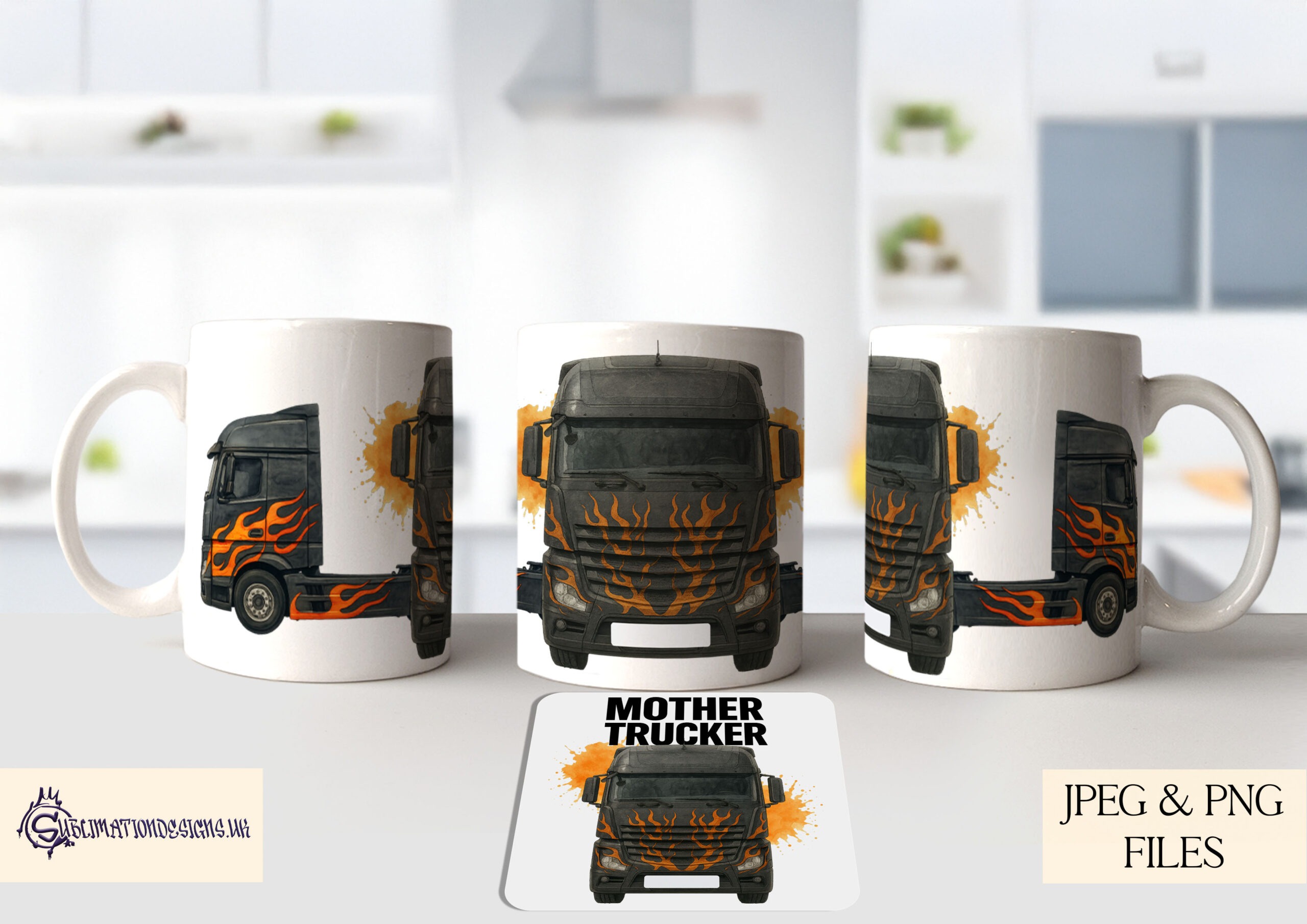 Trucker themed designs including personalised trucks and novelty artwork shown on product mock ups