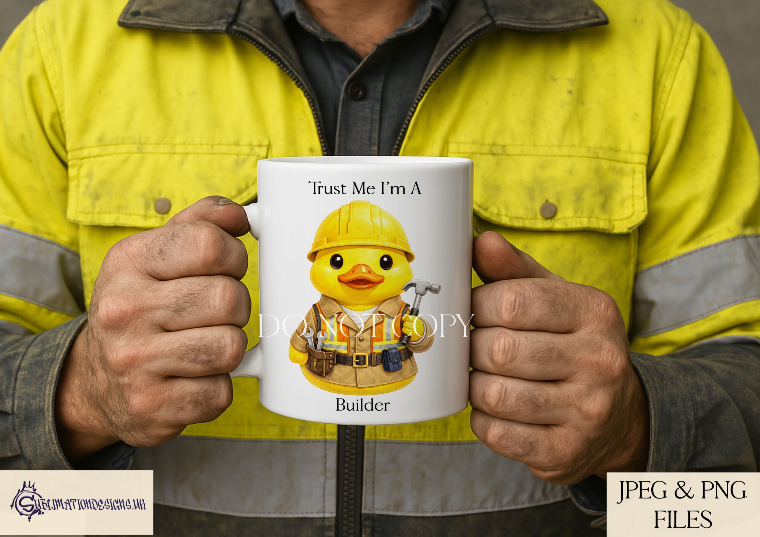 Totally Quackers rubber duck clip art designs featuring army, navy, builder, office worker, and unicorn ducks displayed on product mock ups