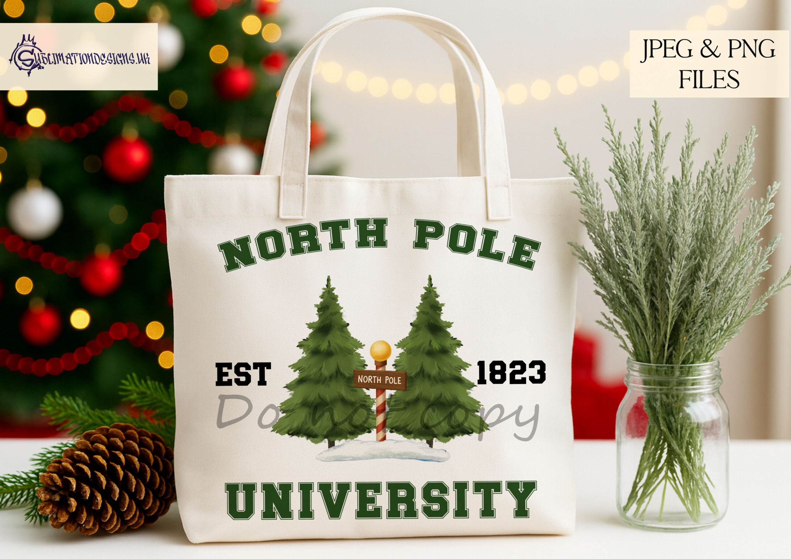 North Pole University Christmas designs shown in red, green and pink variations on product mock ups
