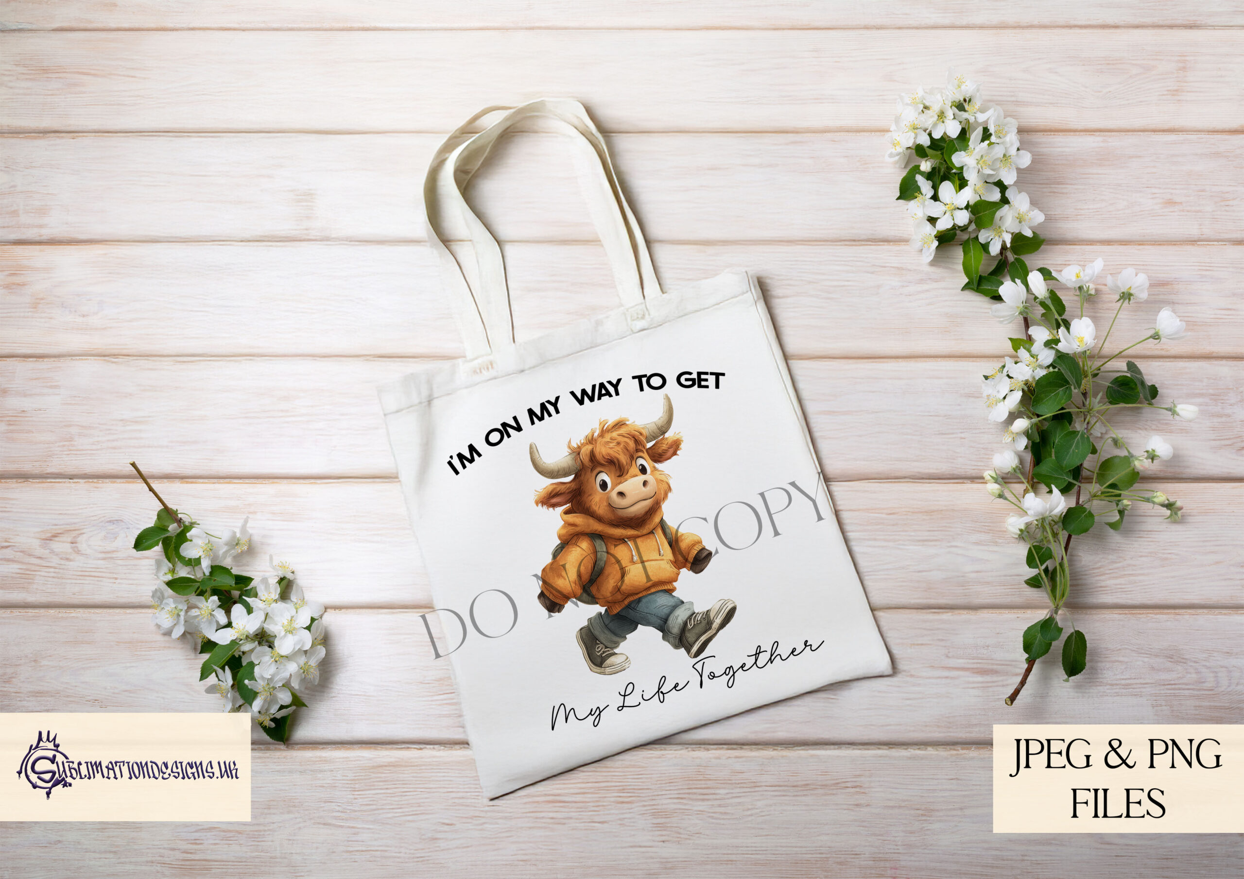 Humorous Highland cow designs in pink and orange hoodies shown on product mock ups