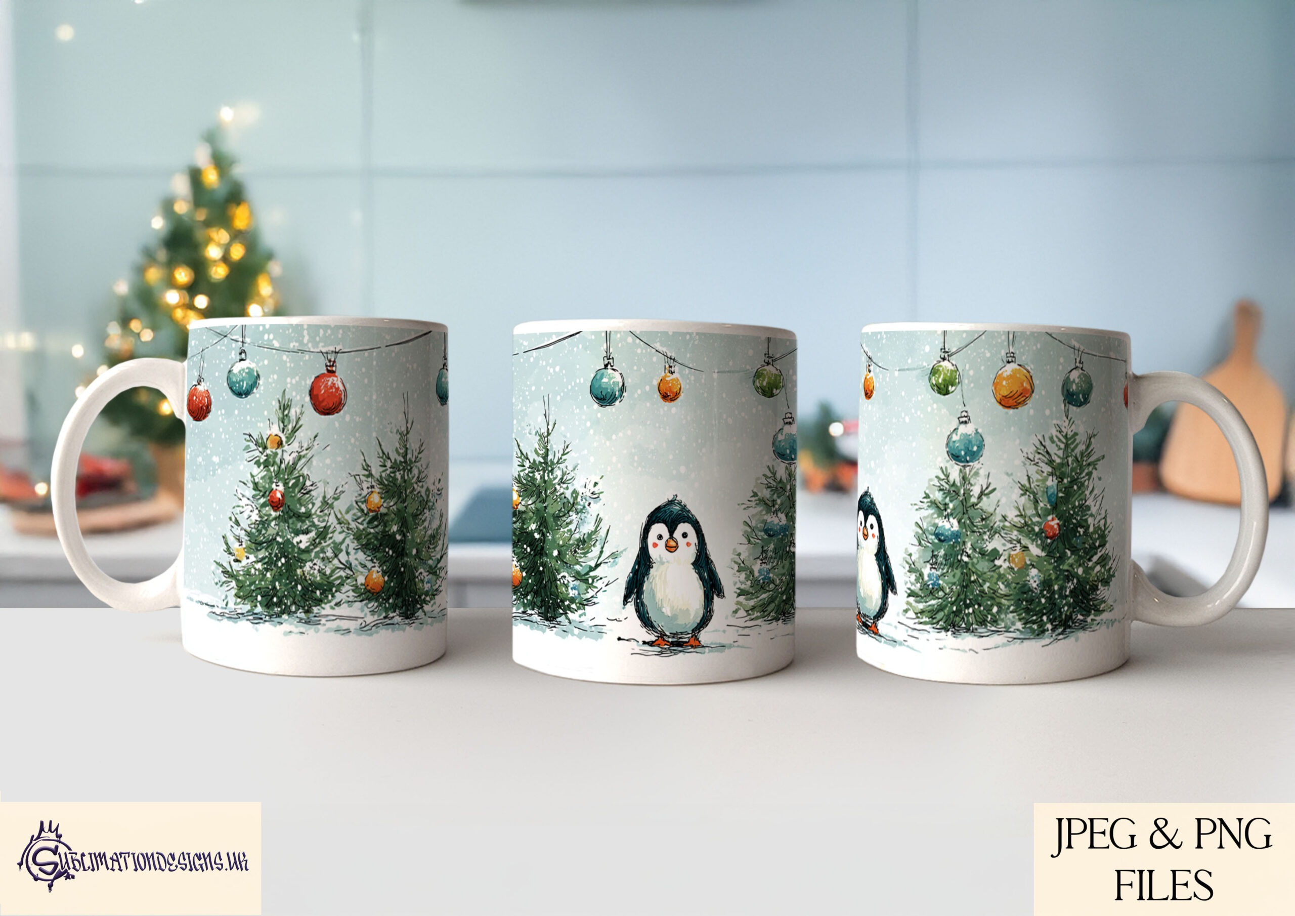 Christmas sketch mug wrap designs featuring winter animals displayed on product mock ups