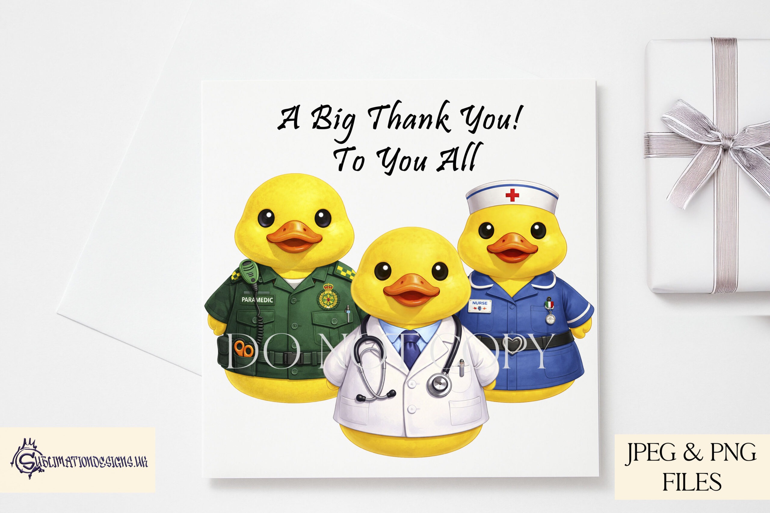 Totally Quackers rubber duck clip art designs featuring army, navy, builder, office worker, and unicorn ducks displayed on product mock ups