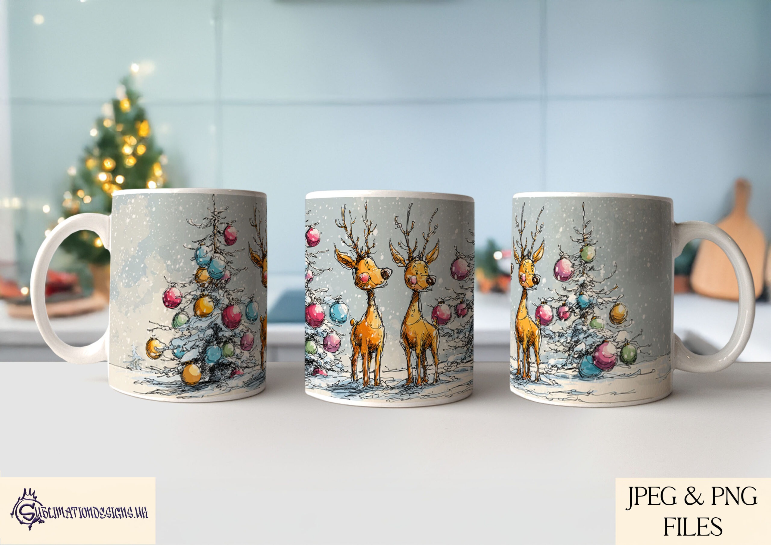 Christmas sketch mug wrap designs featuring winter animals displayed on product mock ups