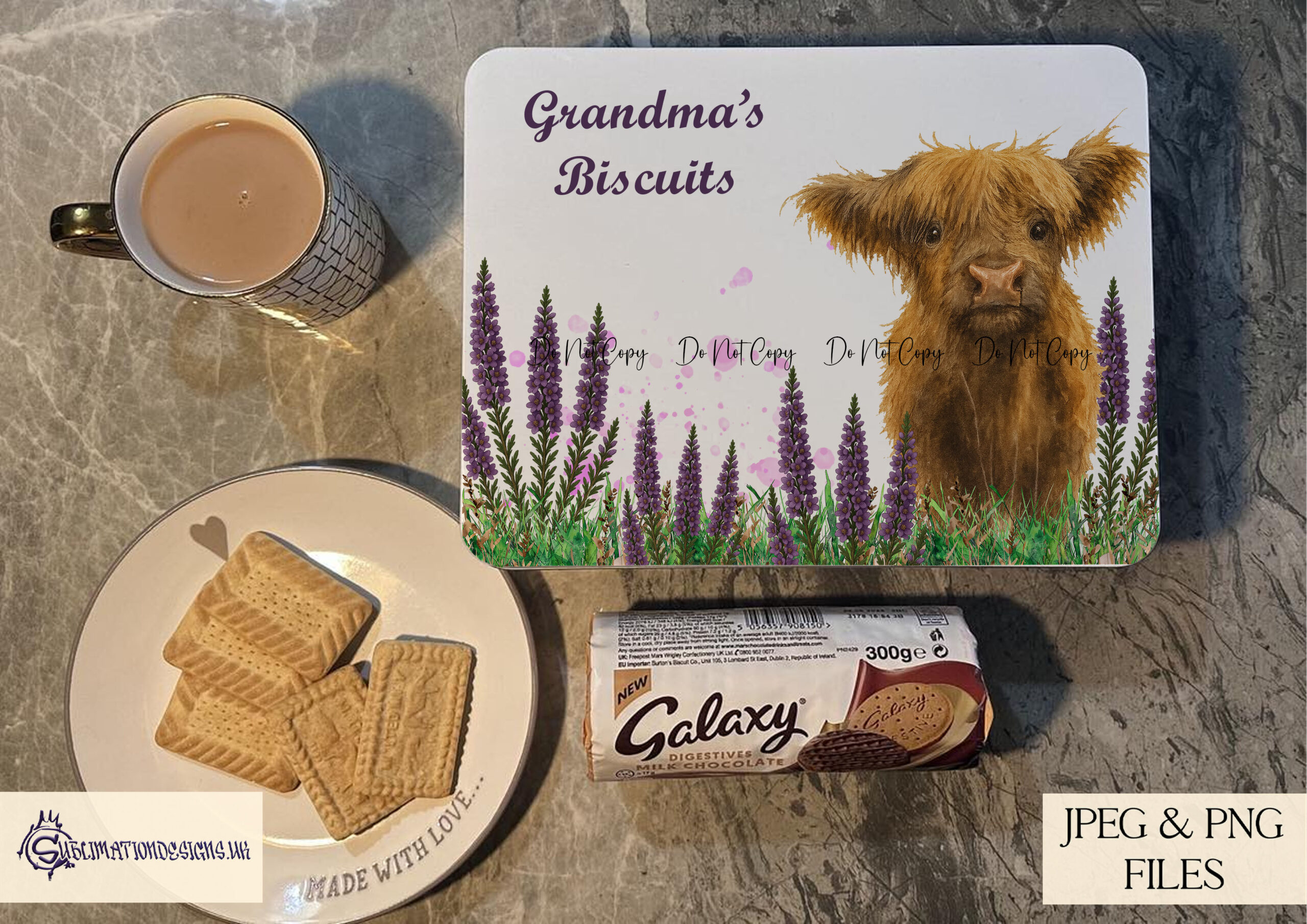 Highland cow floral field designs in daffodil, heather and poppy themes shown across multiple template layouts