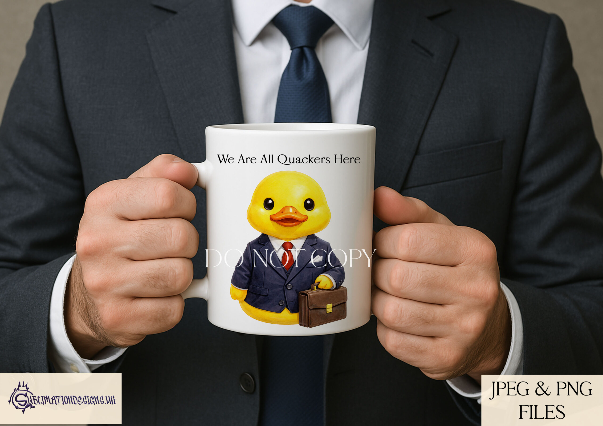 Totally Quackers rubber duck clip art designs featuring army, navy, builder, office worker, and unicorn ducks displayed on product mock ups