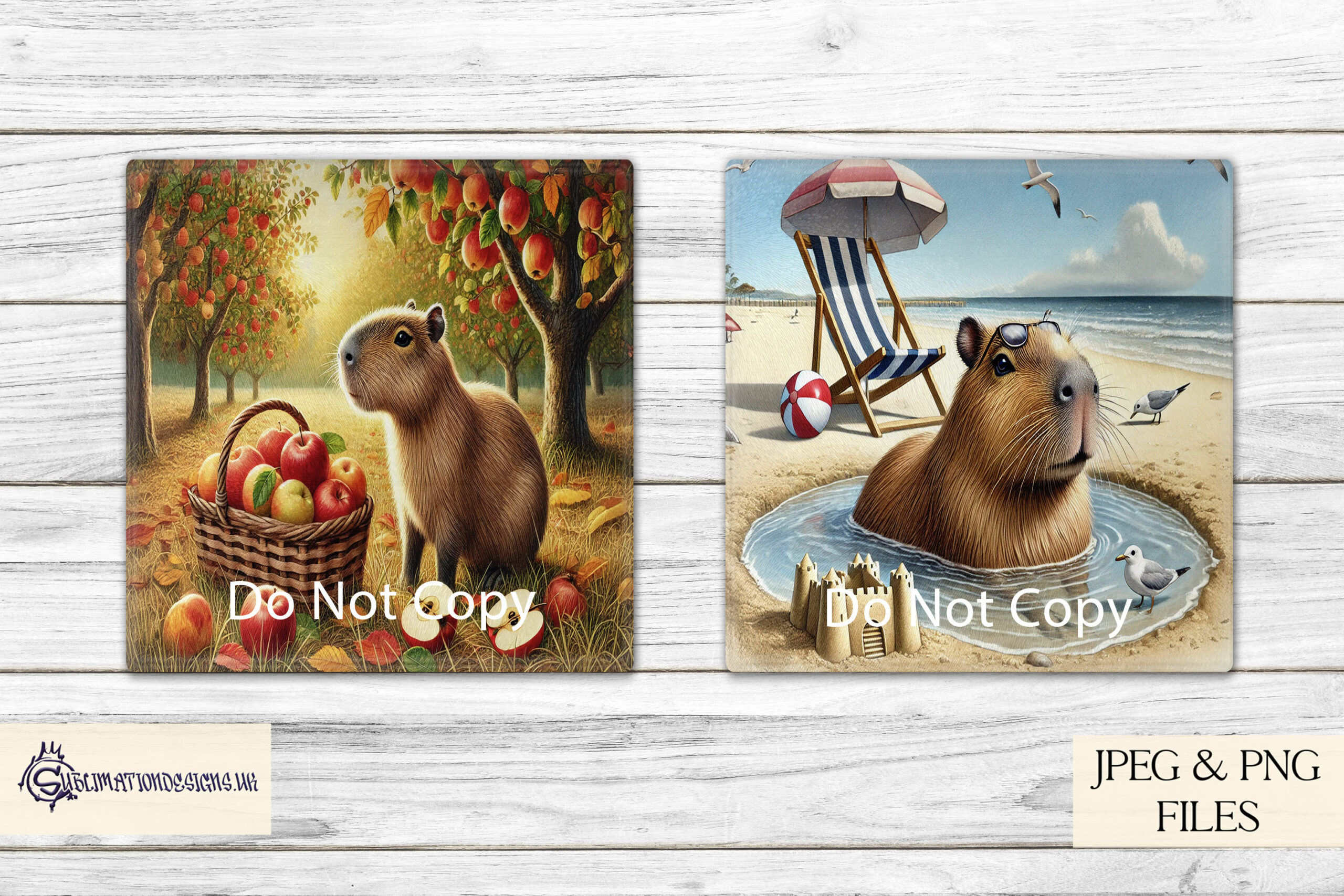 Twelve monthly Capybara designs shown on A4 layouts with seasonal backgrounds