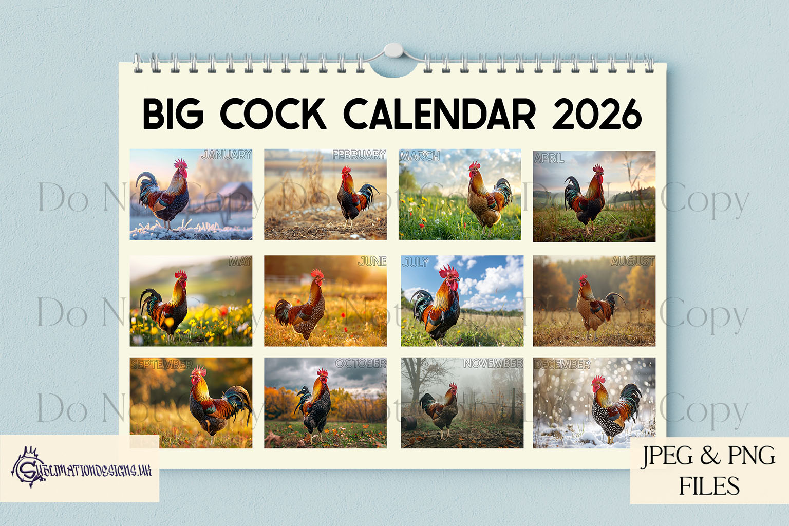 Twelve A4 cockerel themed monthly designs shown with example calendar cover layouts