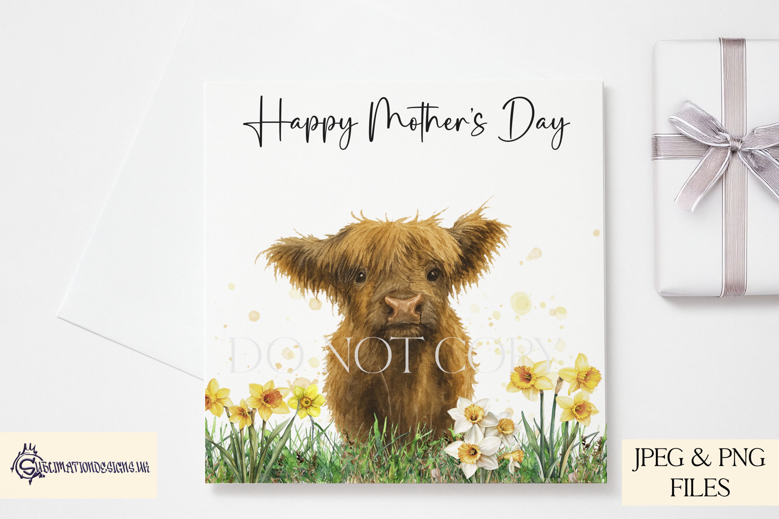 Highland cow floral field designs in daffodil, heather and poppy themes shown across multiple template layouts