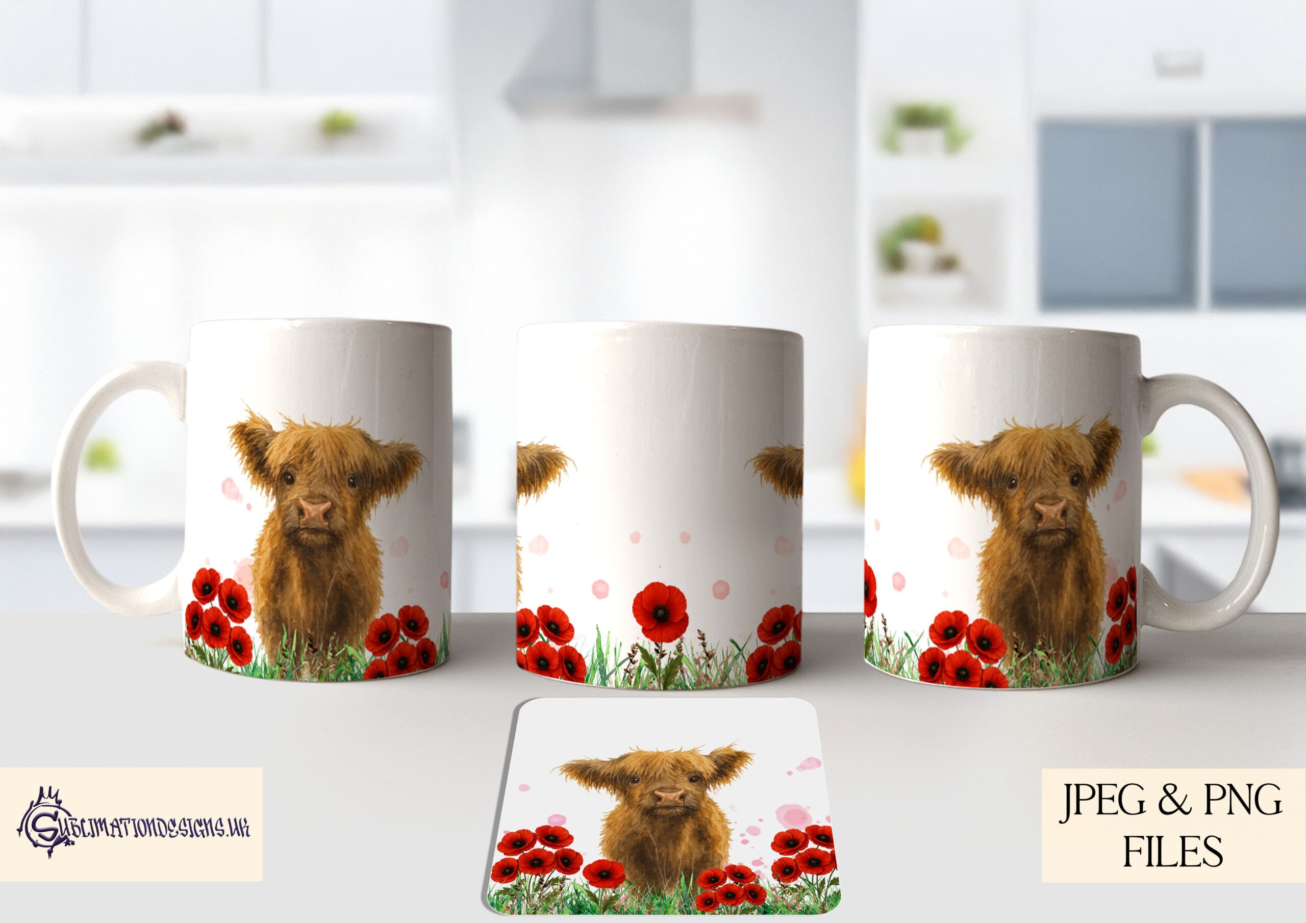 Highland cow floral field designs in daffodil, heather and poppy themes shown across multiple template layouts