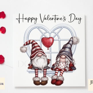Valentines Window Gonk Gnome Couples Set preview showing gnome couples sitting on a shelf beneath a heart shaped window (6 designs, JPEG and PNG, includes mock ups)