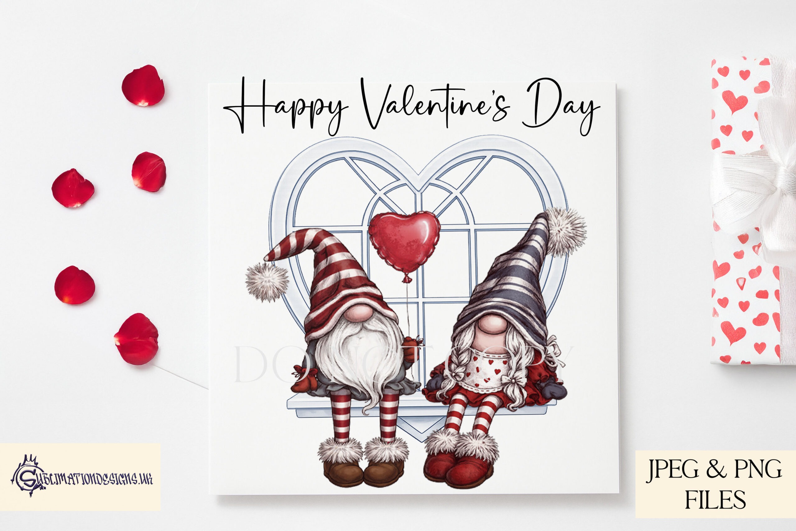 Valentines Window Gonk Gnome Couples Set preview showing gnome couples sitting on a shelf beneath a heart shaped window (6 designs, JPEG and PNG, includes mock ups)