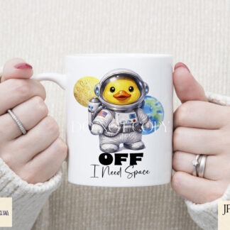 Comedy Astro Duck Designs Set preview showing astronaut duck designs with and without planets, textless and with funny phrases "DUCK OFF I NEED SPACE."