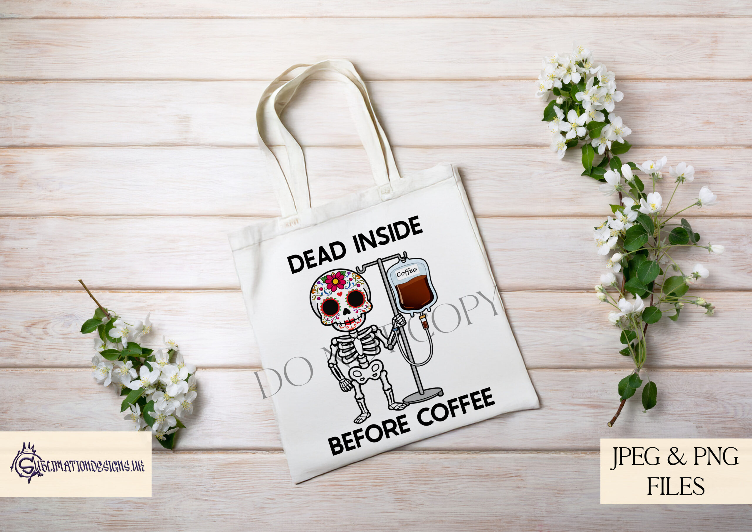 Comedy Coffee Skeletons Set preview showing male and female Day of the Dead skeletons with a coffee IV drip, with blank and funny wording versions