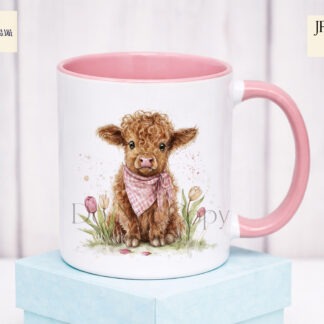 Spring Highland Cows In Neckerchiefs Set of 12 preview showing Highland cows in a spring flower grass patch with matching neckerchief colours, textless JPEG and PNG designs