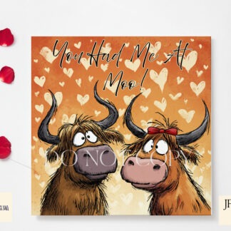 You Had Me At Moo Valentines Set preview showing Highland cows with textless and “You Had Me At Moo!” wording versions in JPEG and PNG.