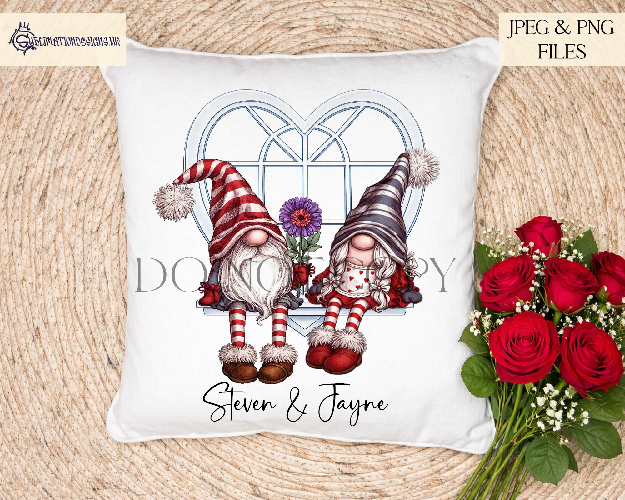 Valentines Window Gonk Gnome Couples Set preview showing gnome couples sitting on a shelf beneath a heart shaped window (6 designs, JPEG and PNG, includes mock ups)