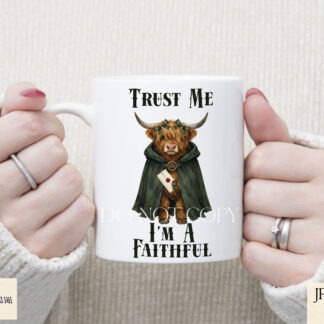 Cloaked Highland Cow Clip Art Set of 6 preview showing cloaked Highland cows with envelope and lantern variations, textless JPEG and PNG designs with bonus wording file