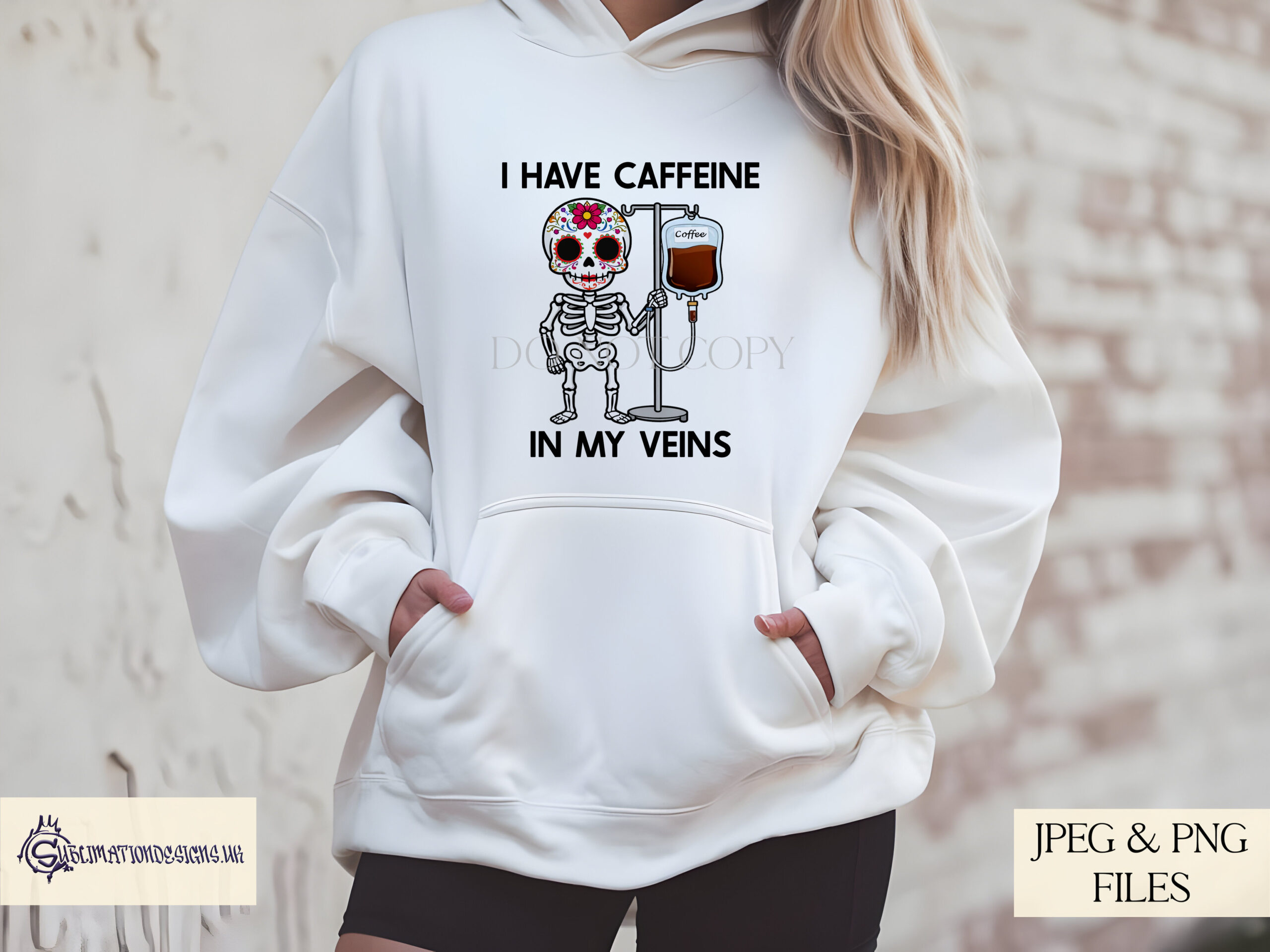 Comedy Coffee Skeletons Set preview showing male and female Day of the Dead skeletons with a coffee IV drip, with blank and funny wording versions