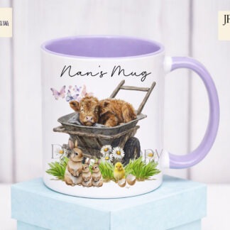 Baby Highland Cow Wheelbarrow Set of 4 preview showing a baby Highland cow sleeping in a wheelbarrow with rabbits and a chick, with textless and Happy Easter versions