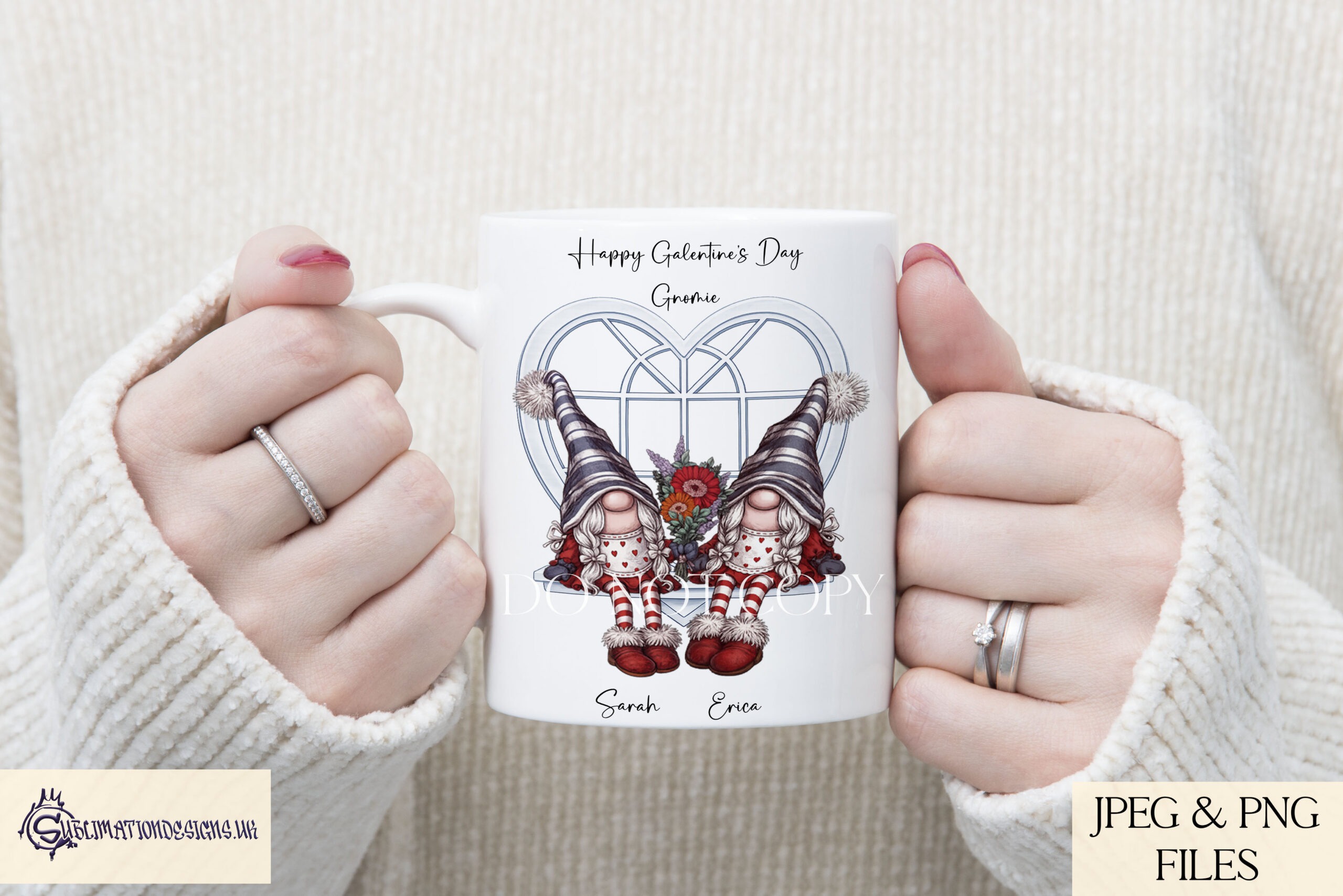 Valentines Window Gonk Gnome Couples Set preview showing gnome couples sitting on a shelf beneath a heart shaped window (6 designs, JPEG and PNG, includes mock ups)