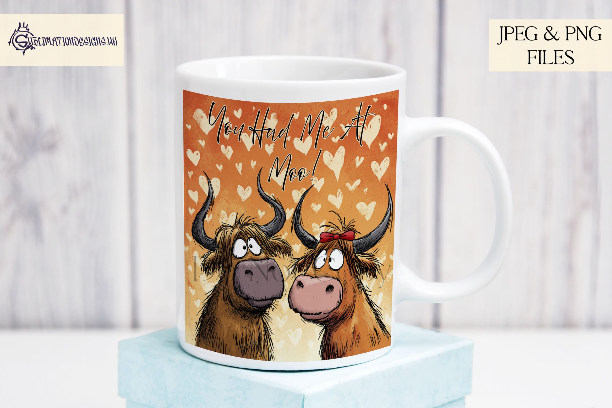 You Had Me At Moo Valentines Set preview showing Highland cows with textless and “You Had Me At Moo!” wording versions in JPEG and PNG.