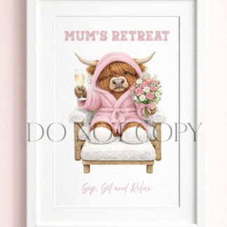 Pampered Female Highland Cow Set of 6 preview showing a Highland cow relaxing in a chair with dressing gown, flowers and champagne in pink and love heart versions, with textless and wording options