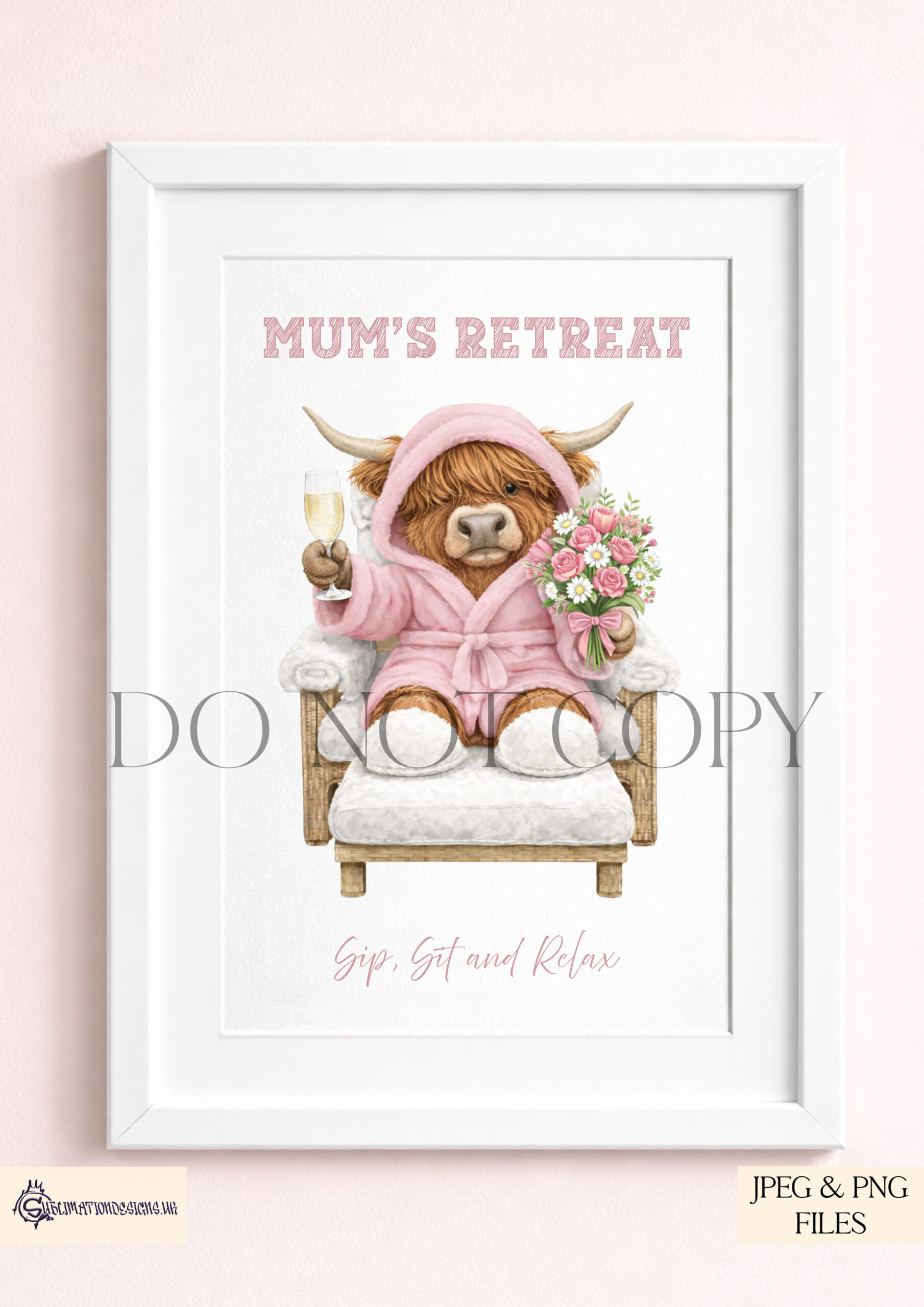 Pampered Female Highland Cow Set of 6 preview showing a Highland cow relaxing in a chair with dressing gown, flowers and champagne in pink and love heart versions, with textless and wording options