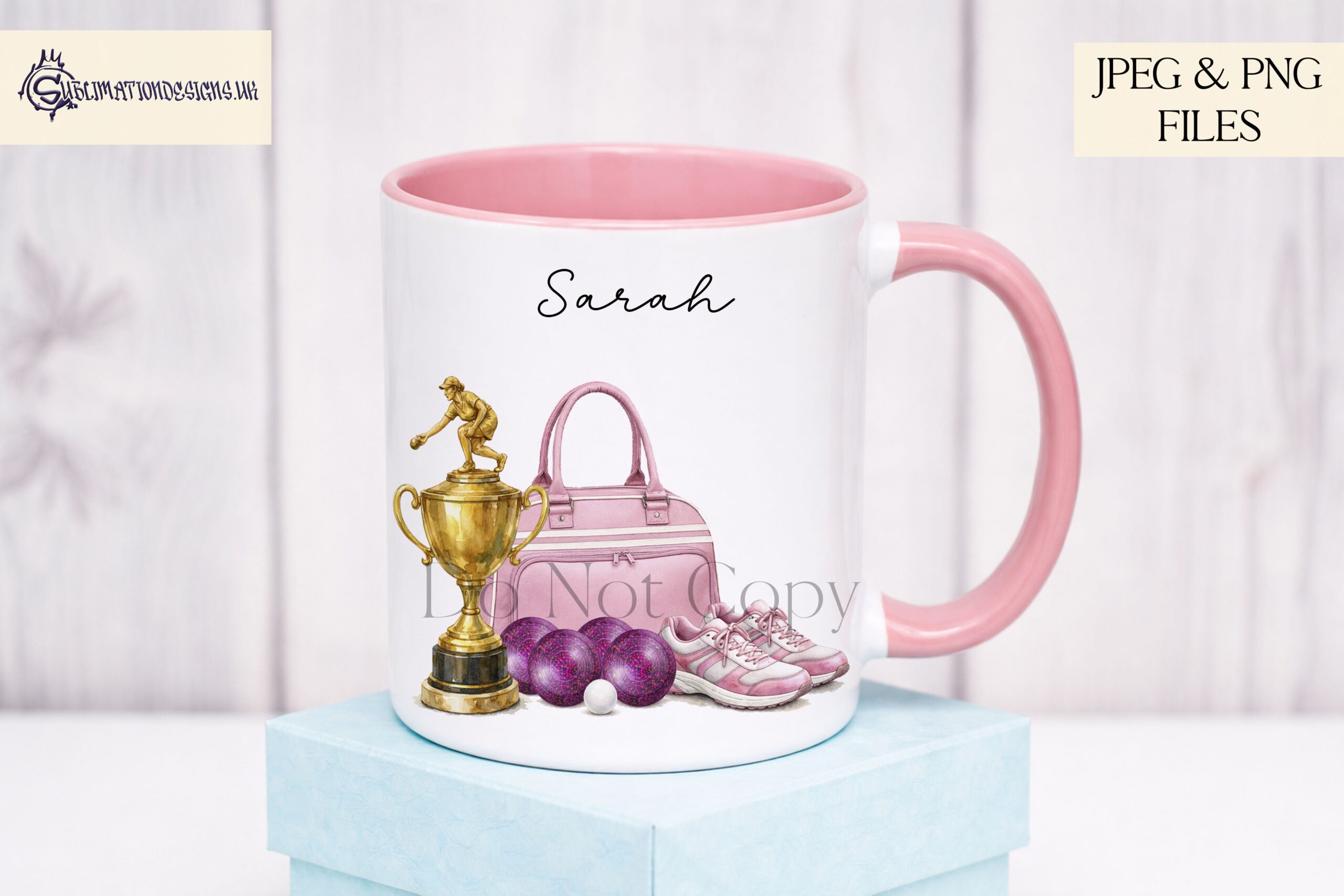 Ladies Lawn Bowls Designs Set of 5 preview showing a pink themed lawn bowls set up with plain and drink options, supplied as JPEG and PNG