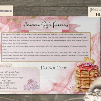 American Pancake Recipe Chopping Board Design preview showing a pink and gold A4 American style pancake recipe layout for chopping boards, supplied in JPEG and PNG