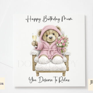 Pampered Female Teddy Bear Set of 6 preview showing a teddy bear relaxing in a chair with dressing gown, flowers and champagne in pink and love heart versions, with textless and wording options