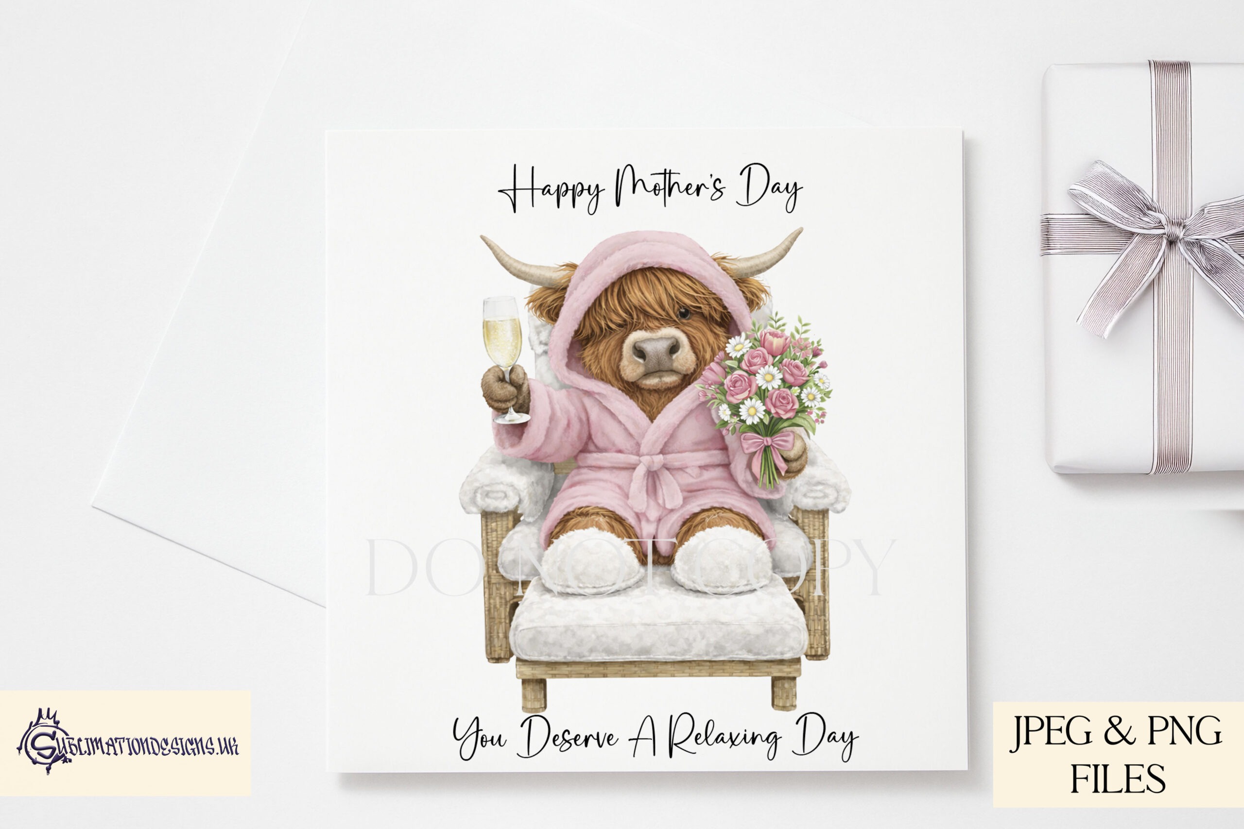 Pampered Female Highland Cow Set of 6 preview showing a Highland cow relaxing in a chair with dressing gown, flowers and champagne in pink and love heart versions, with textless and wording options