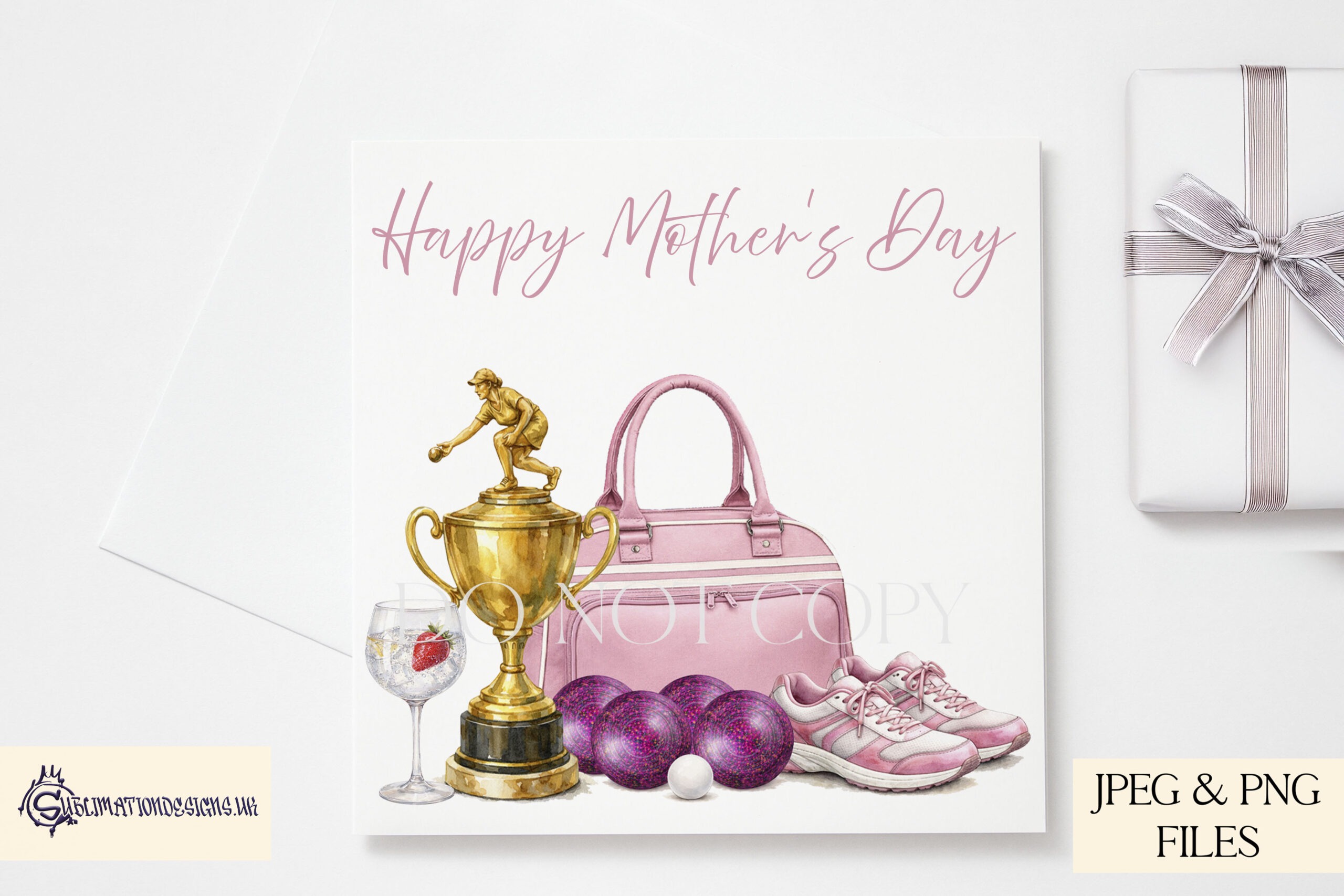 Ladies Lawn Bowls Designs Set of 5 preview showing a pink themed lawn bowls set up with plain and drink options, supplied as JPEG and PNG