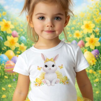 Cute Yellow Tutu Easter Bunny Set of 4 preview showing a bunny sat in a yellow tutu and hairbow with plain, decorated, and first Easter wording versions