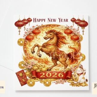 Chinese New Year 2026 Year Of The Horse Design Set preview showing a central horse with 2026 and festive elements including lanterns, dragon head and lucky coins, supplied in JPEG and PNG