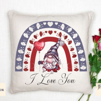 Rainbow Love Gonk Gnomes Set of 9 preview showing gonk gnomes under a rainbow made of love hearts, textless designs supplied in JPEG and PNG