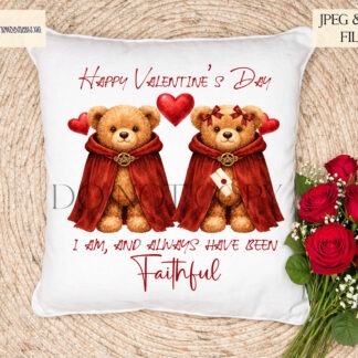 Red Cloaked Teddy Bear Clip Art Set of 6 preview showing teddy bears in red cloaks with envelope and lantern variations, textless JPEG and PNG designs with bonus wording file