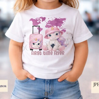 Cute Baby Unicorn Flyer Flyers Set of 6 preview showing a cute baby unicorn in pink and lilac versions with textless and first travel wording options, supplied in JPEG and PNG